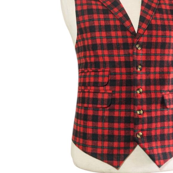 Mens 46R Plaid Vest Red Black Teal Wool Waistcoat Formal Wedding Preppy Casual - Picture 6 of 8